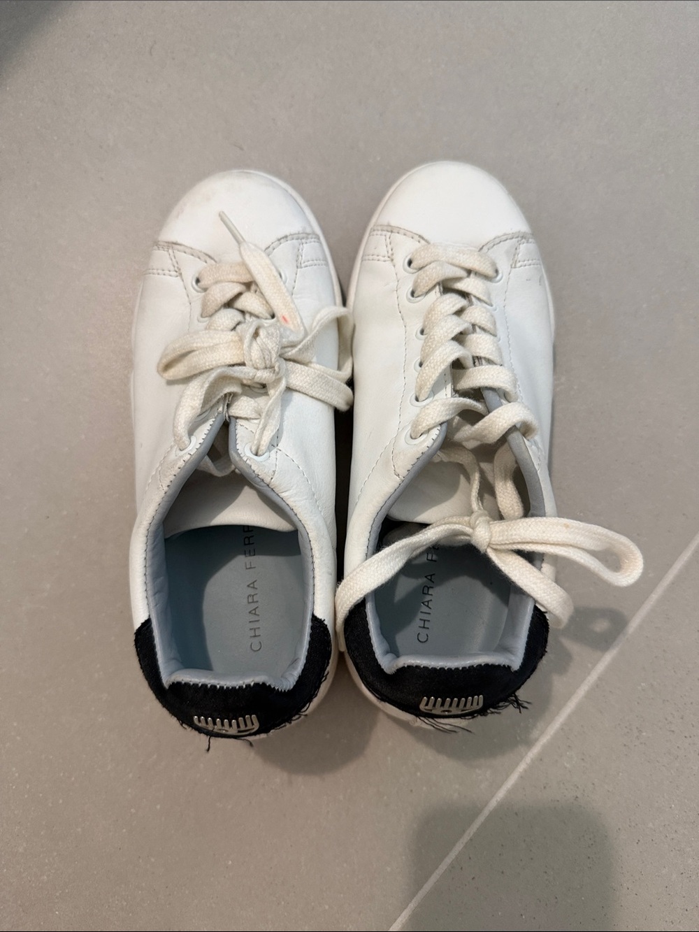Chiara Ferragni White Leather Kids Sneakers with Black Heel Tab